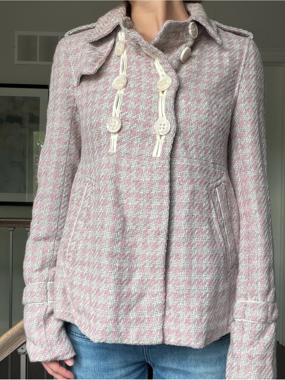 Costa Blanca Pink Tweed Button-Front Coat with Cream Trim